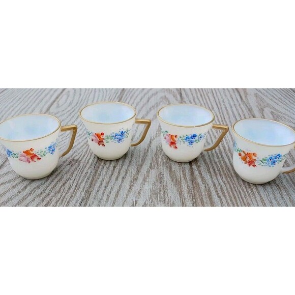 VTG Set of 4 Iridescent French Milk Glass Teacups Gold Trim Hand Painted Floral - Picture 4 of 8